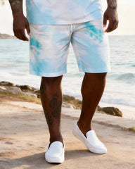 Big & Tall Men's Blue And White Spotted Coconut Tree Printed Round Neck Short Sleeve T-Shirt Shorts Set