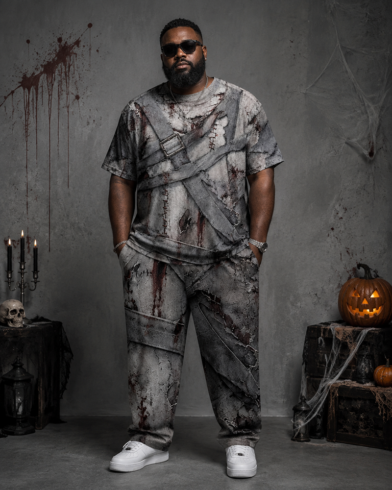 Big & Tall Men's Broken Bandage Bloodstain Zombie Simulation Printed T-shirt Pants Set