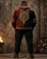 Big & Tall Men's Red And Black Colorblock Viking Wolf Totem Print Half Zip Sweatshirt Set