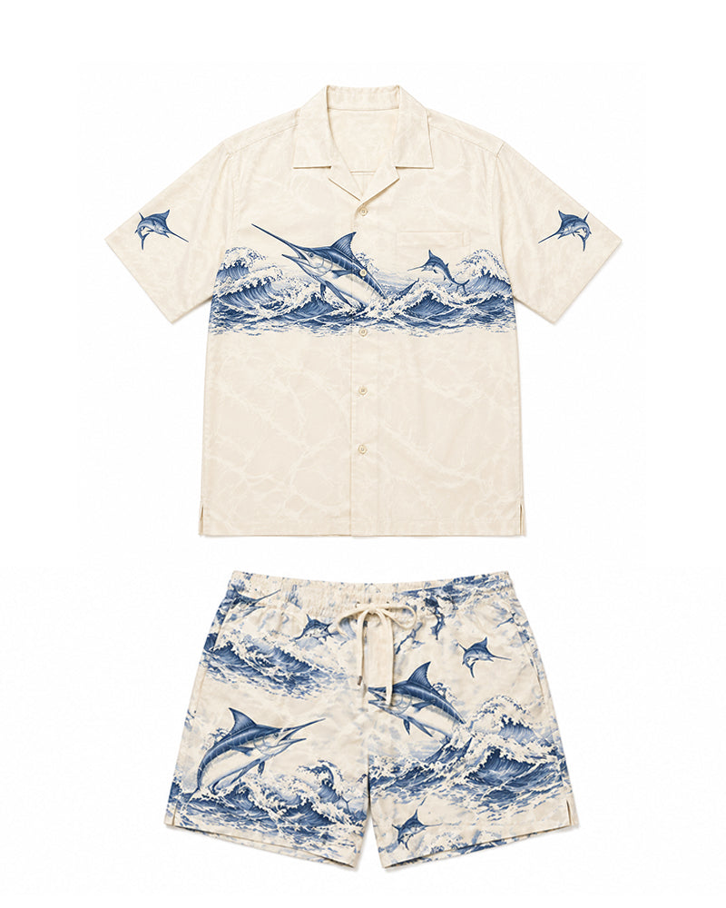 Big & Tall Men's Nautical-Style Wave Sailfish Print Short-Sleeve Shirt And Shorts Set