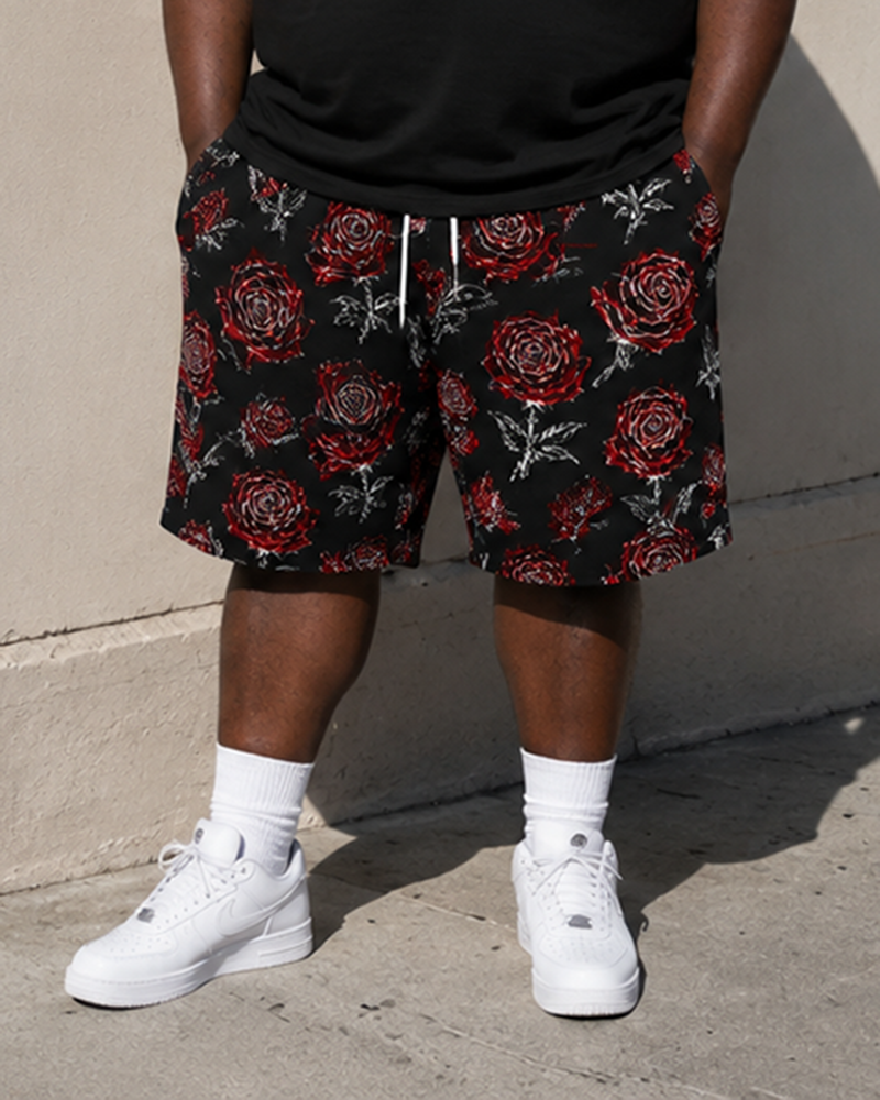 Big & Tall Men's Hand-painted Red Rose Front And Back Printed Crewneck Short Sleeve T-shirt Shorts Set