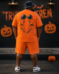 Big & Tall Men's Orange Sunglasses Suit Stick Figure Print Round Neck Short Sleeve T-shirt Shorts Set