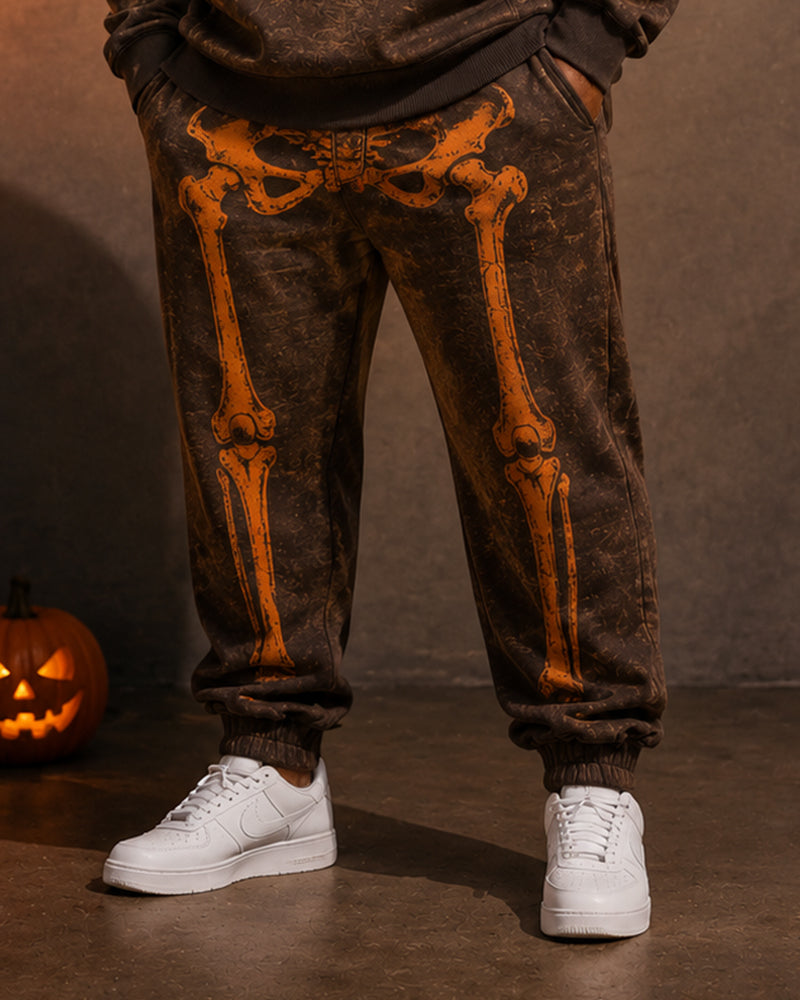 Big & Tall Men's Retro Distressed Pumpkin Skull Skeleton Printed Half Zipper Sweater Set