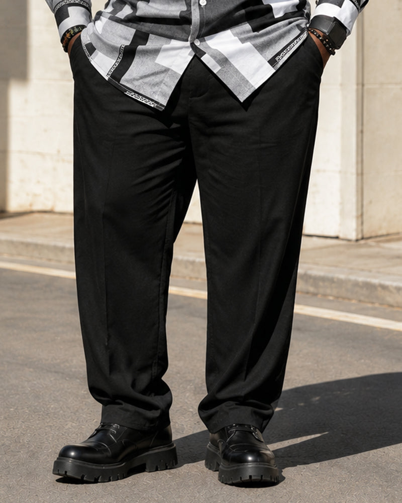Big & Tall Men's Black And White Gray Irregular Block Printed Long Sleeve Shirt Trousers Set
