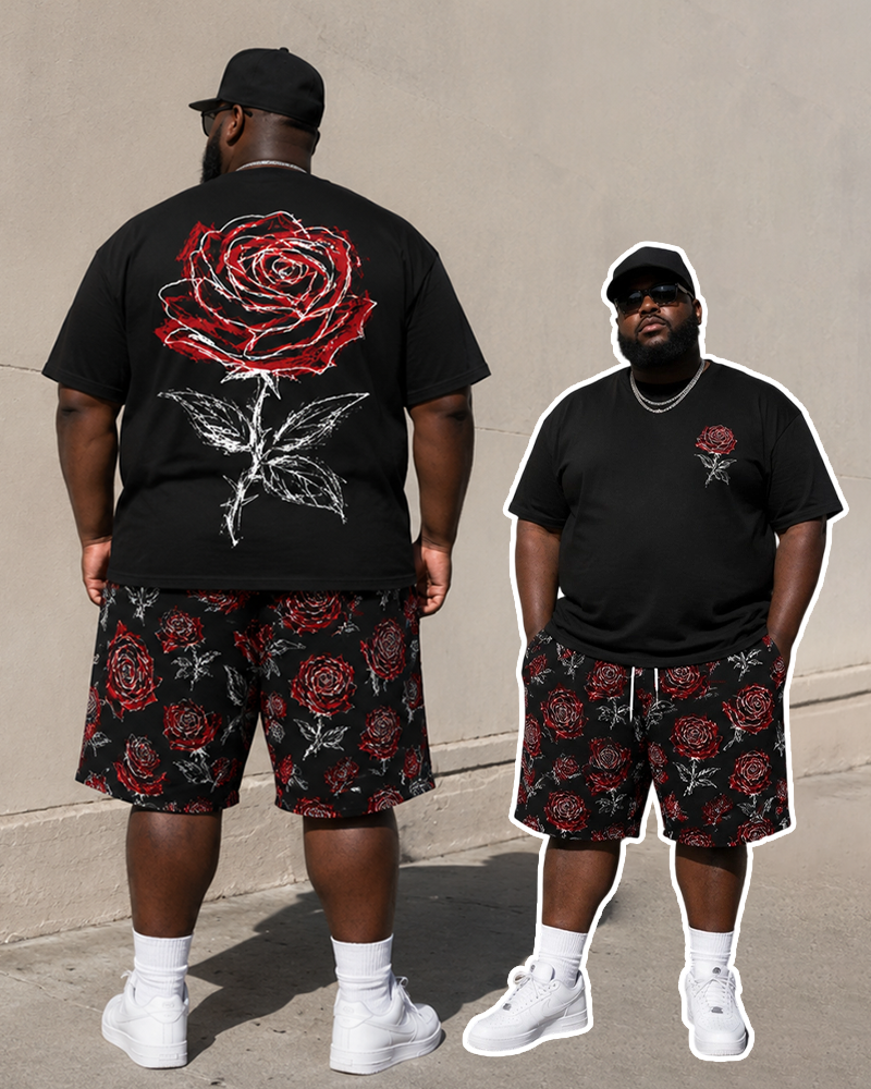 Big & Tall Men's Hand-painted Red Rose Front And Back Printed Crewneck Short Sleeve T-shirt Shorts Set