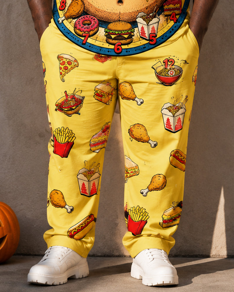 Big & Tall Men's Food Clock Burger Fries Printed T-Shirt Pants Set