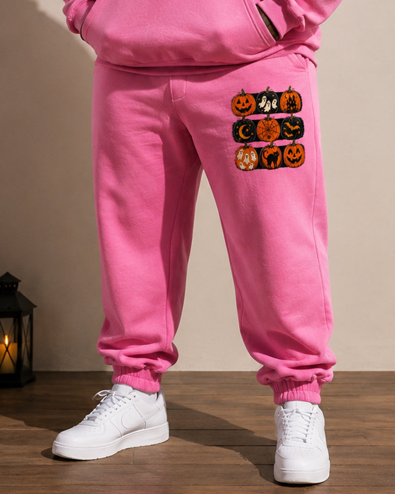 Big & Tall Men's Pink Pumpkin Ghost Print Half Zip Sweat Set