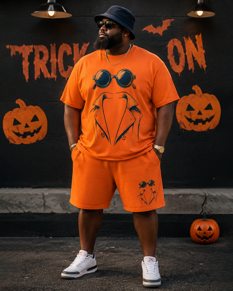 Big & Tall Men's Orange Sunglasses Suit Stick Figure Print Round Neck Short Sleeve T-shirt Shorts Set