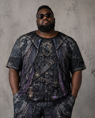 Big & Tall Men’s Dark Purple-Hued Feather And Apothecary-Print T-Shirt And Pants Set
