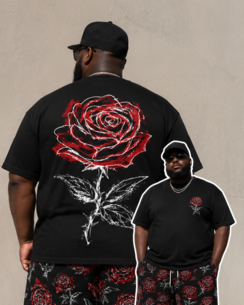 Big & Tall Men's Hand-painted Red Rose Front And Back Printed Crewneck Short Sleeve T-shirt Shorts Set