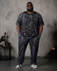 Big & Tall Men’s Dark Purple-Hued Feather And Apothecary-Print T-Shirt And Pants Set