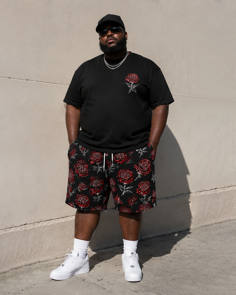 Big & Tall Men's Hand-painted Red Rose Front And Back Printed Crewneck Short Sleeve T-shirt Shorts Set