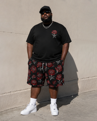 Big & Tall Men's Hand-painted Red Rose Front And Back Printed Crewneck Short Sleeve T-shirt Shorts Set