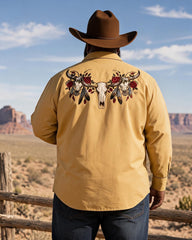 Big & Tall Men's Cow Skull Rose Feather Print Long Sleeve Shirt
