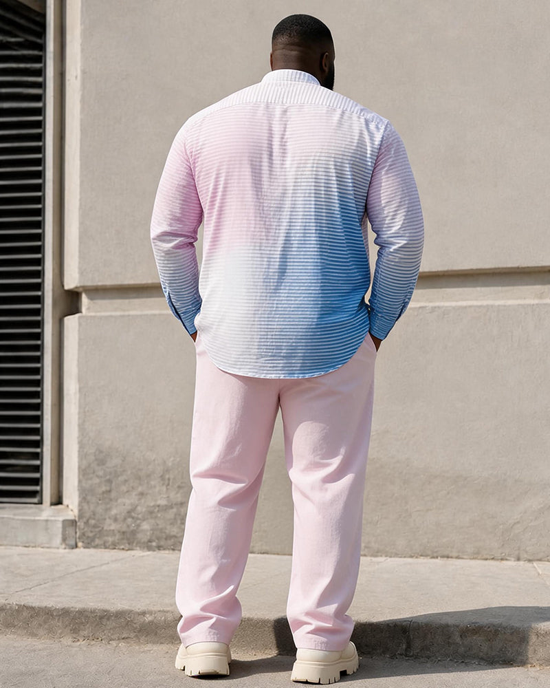 Big & Tall Men's Pink Blue Gradient Striped Print Stand Collar Long Sleeve Shirt Trousers Set