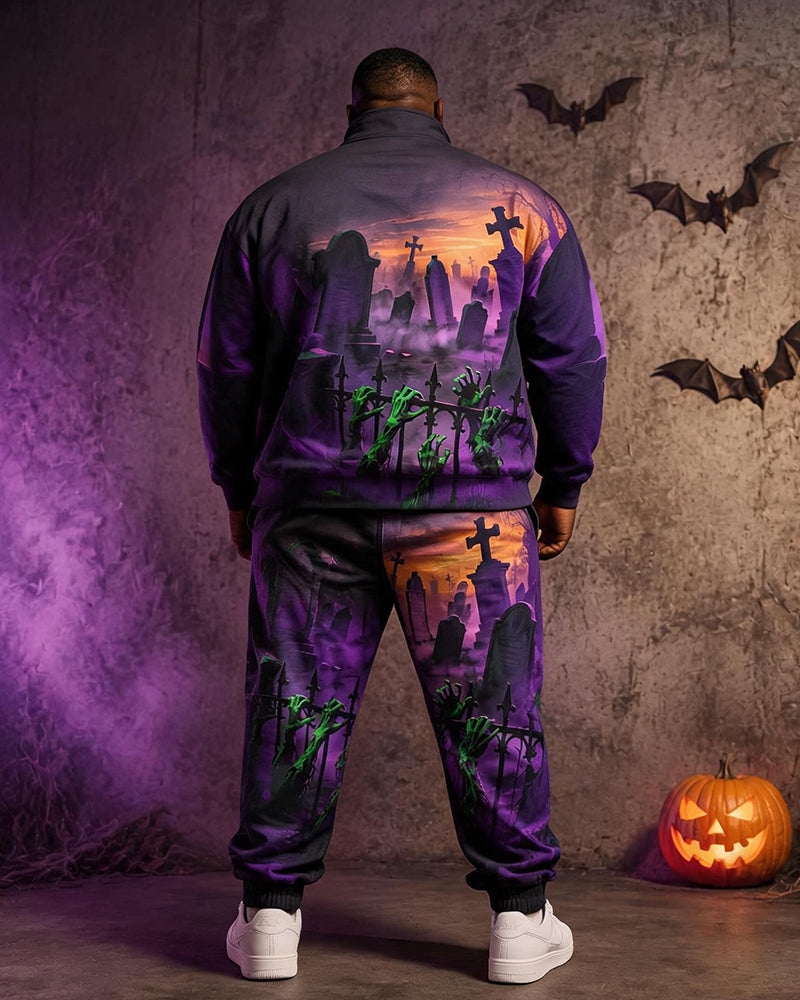 Big & Tall Men's Cemetery Zombie Hand Printed Half-Zip Sweat Set