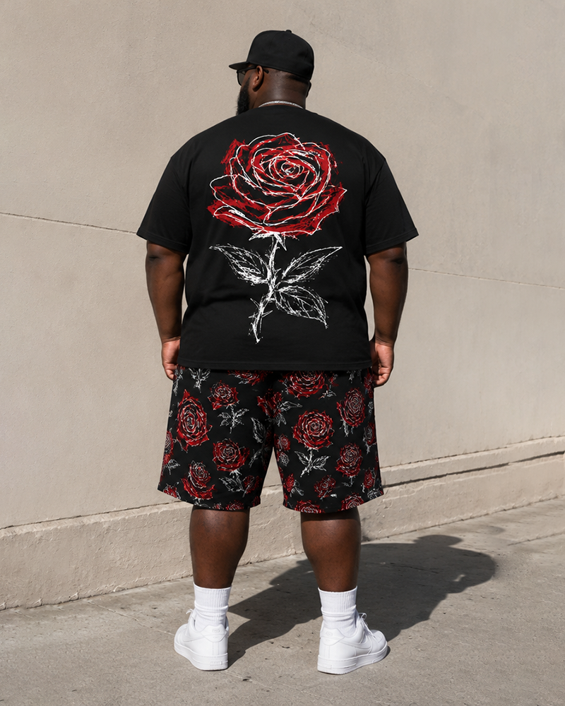 Big & Tall Men's Hand-painted Red Rose Front And Back Printed Crewneck Short Sleeve T-shirt Shorts Set
