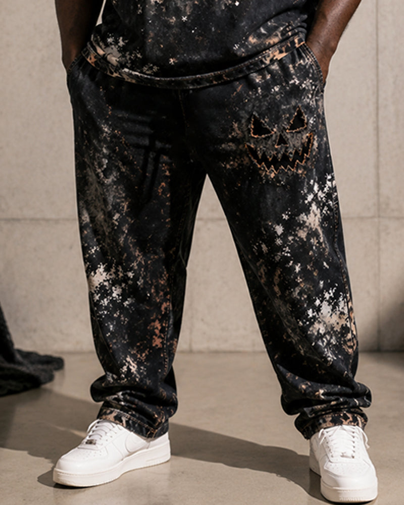 Big & Tall Men's Halloween Hole Pumpkin Face Printed T-Shirt Pants Set