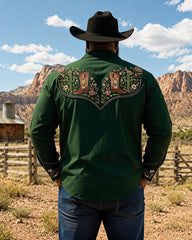 Big & Tall Men's Cowboy Boots Cactus Floral Print Long Sleeve Shirt