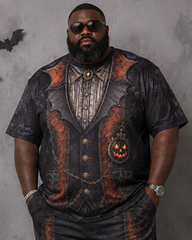 Big & Tall Men's Vintage Vampire Vest Pumpkin Lantern Printed T-Shirt Pants Set