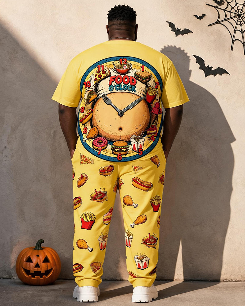 Big & Tall Men's Food Clock Burger Fries Printed T-Shirt Pants Set