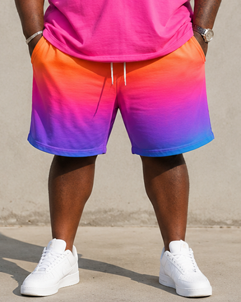 Big & Tall Men's Gradient Splash Ink Colorful Rose Printed Round Neck Short Sleeve T-shirt Shorts Set