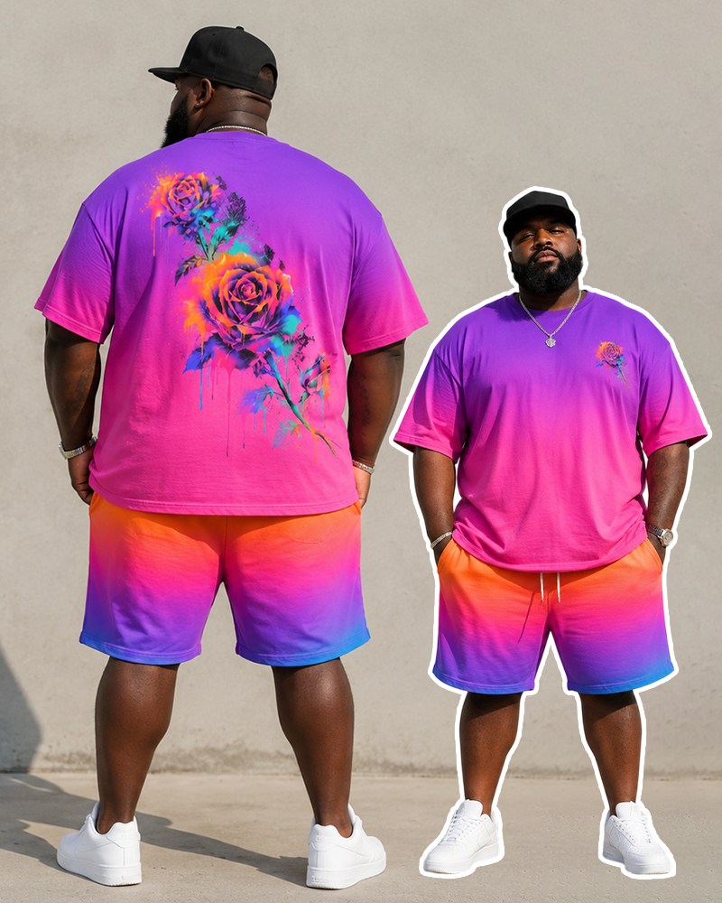 Big & Tall Men's Gradient Splash Ink Colorful Rose Printed Round Neck Short Sleeve T-shirt Shorts Set