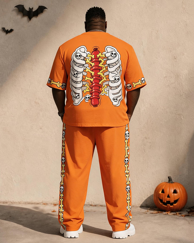 Big & Tall Men's Orange Skull Sausage Ribs Print T-Shirt Pants Set
