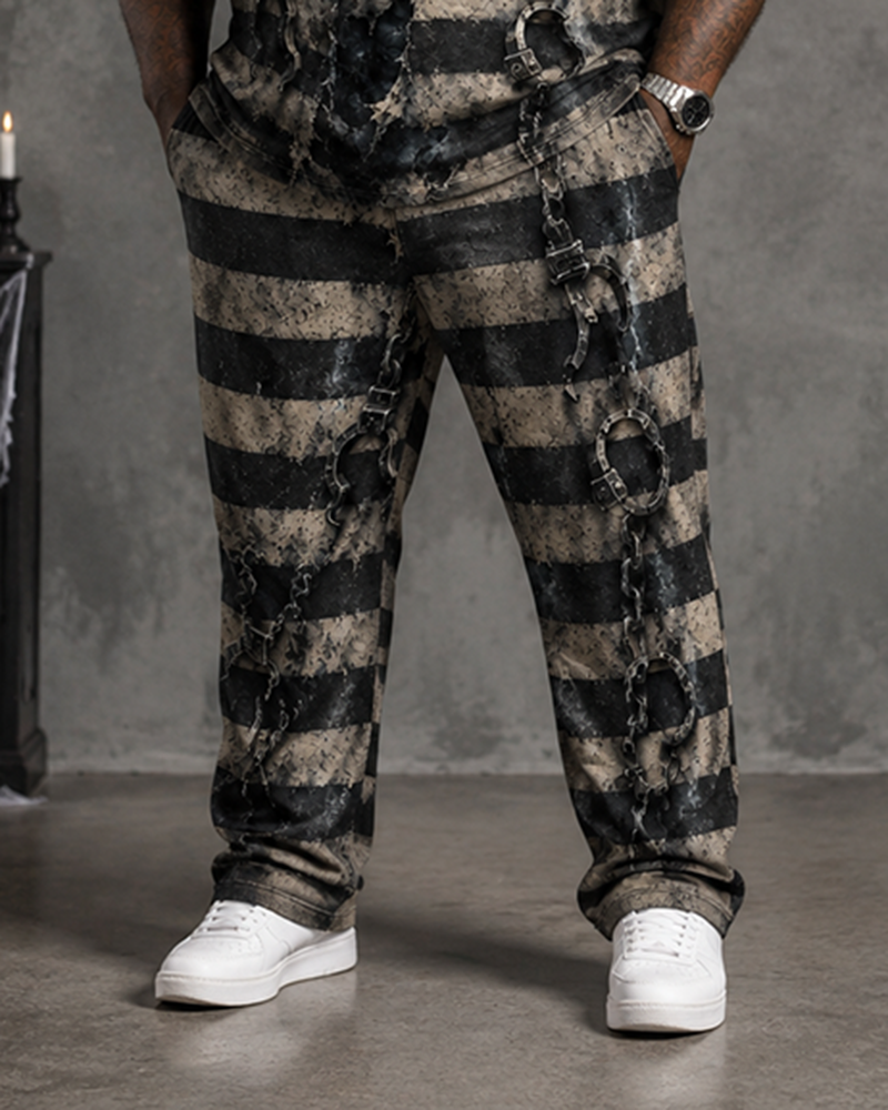 Big & Tall Men's Striped Skull Chain Prisoner Print T-Shirt Pants Set