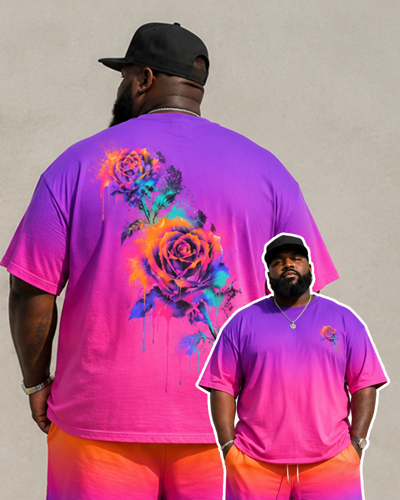 Big & Tall Men's Gradient Splash Ink Colorful Rose Printed Round Neck Short Sleeve T-shirt Shorts Set