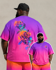 Big & Tall Men's Gradient Splash Ink Colorful Rose Printed Round Neck Short Sleeve T-shirt Shorts Set