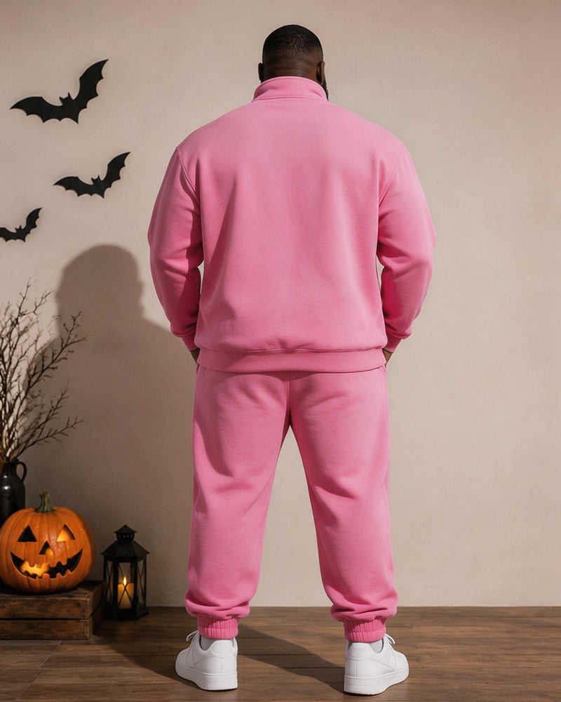 Big & Tall Men's Pink Pumpkin Ghost Print Half Zip Sweat Set