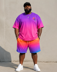 Big & Tall Men's Gradient Splash Ink Colorful Rose Printed Round Neck Short Sleeve T-shirt Shorts Set
