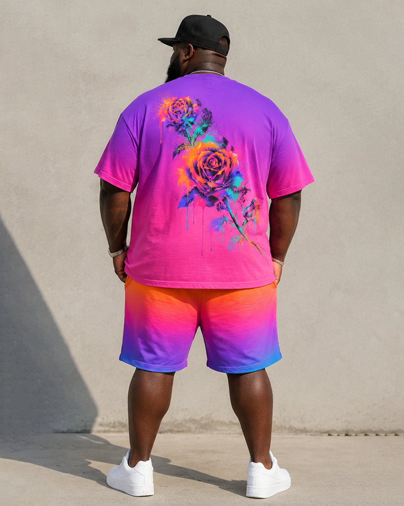 Big & Tall Men's Gradient Splash Ink Colorful Rose Printed Round Neck Short Sleeve T-shirt Shorts Set