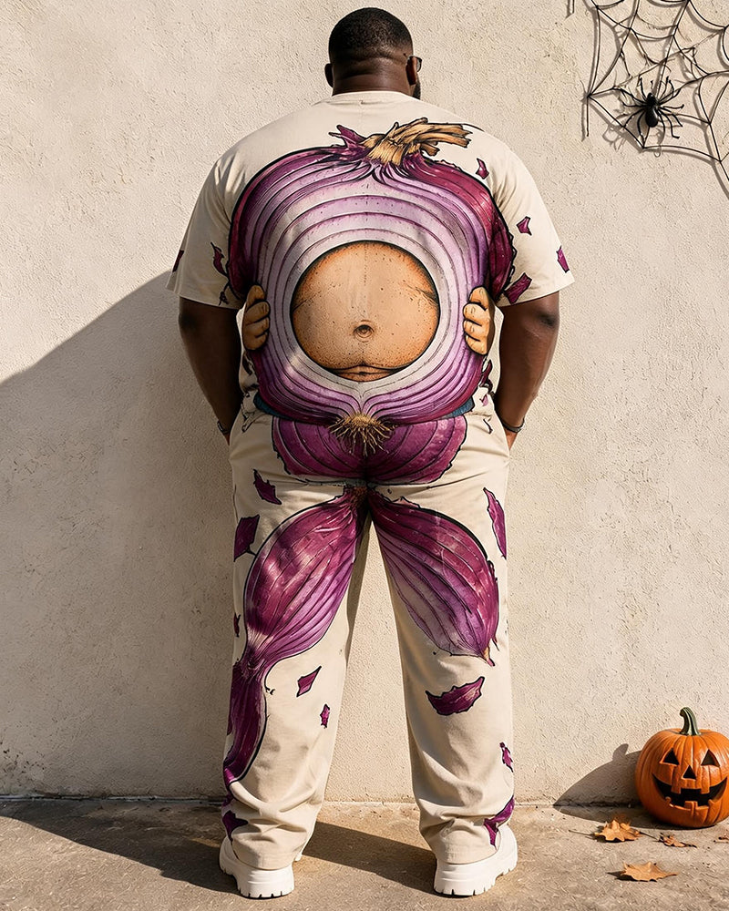 Big & Tall Men's Creative Onion Fake Belly Printed T-Shirt Pants Set