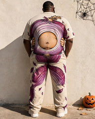 Big & Tall Men's Creative Onion Fake Belly Printed T-Shirt Pants Set