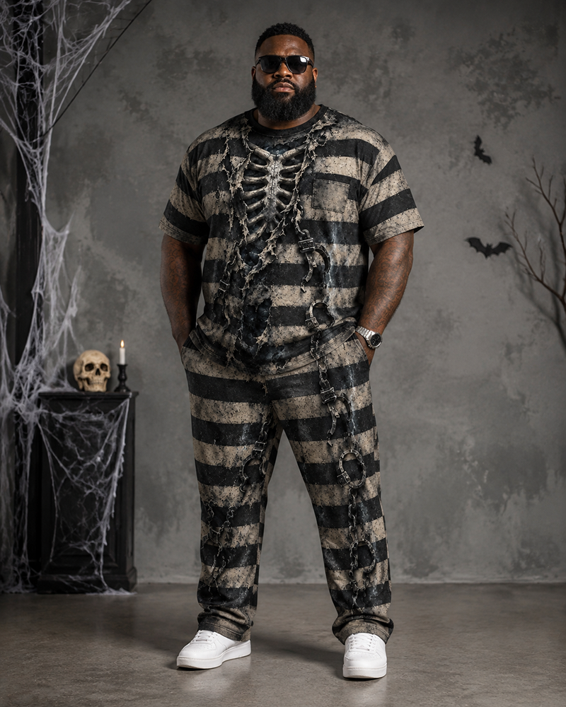 Big & Tall Men's Striped Skull Chain Prisoner Print T-Shirt Pants Set