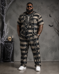 Big & Tall Men's Striped Skull Chain Prisoner Print T-Shirt Pants Set