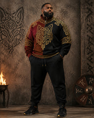 Big & Tall Men's Red And Black Colorblock Viking Wolf Totem Print Half Zip Sweatshirt Set