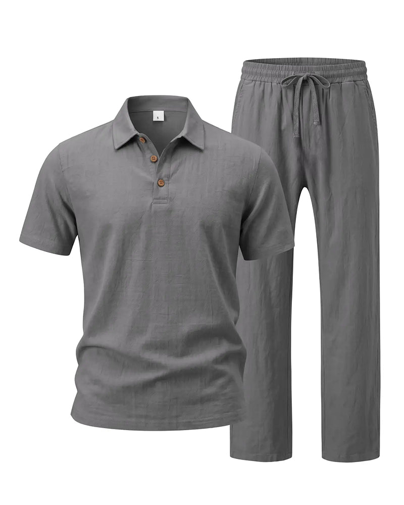 S-3XL Linen Lapel Short Sleeve Trousers Casual Suit