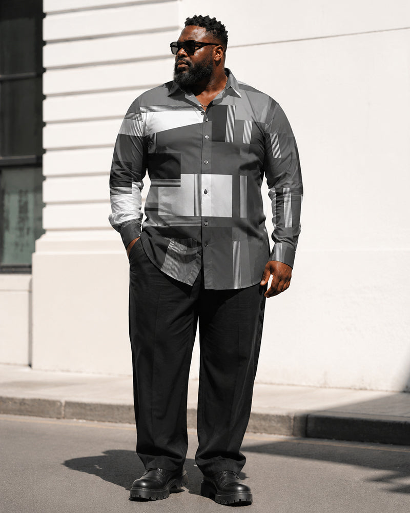 Big & Tall Men's Dark Gray Color Block Geometric Print Long Sleeve Shirt Trousers Set