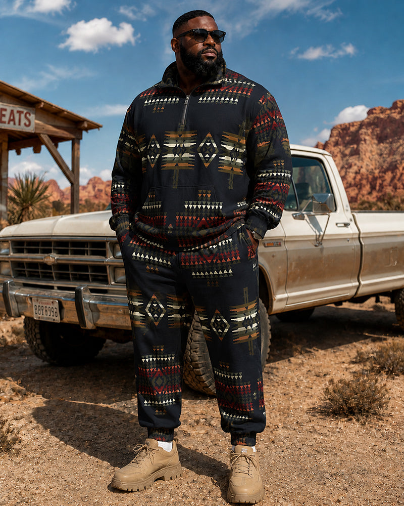 Big & Tall Men's Tibetan Blue Ethnic Geometric Printed Half Zip Sweat Set
