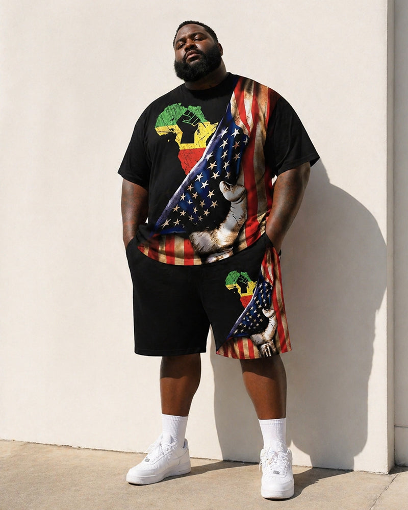 Big & Tall Men's Reggae Color Matching African Map Fist American Flag Printed Crewneck Short Sleeve T-Shirt Shorts Set