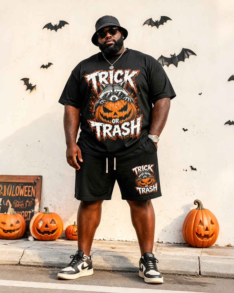 Big & Tall Men's Halloween Raccoon Pumpkin TRICK OR TRASH Printed Round Neck Short Sleeve T-Shirt Shorts Set