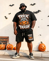 Big & Tall Men's Halloween Raccoon Pumpkin TRICK OR TRASH Printed Round Neck Short Sleeve T-Shirt Shorts Set