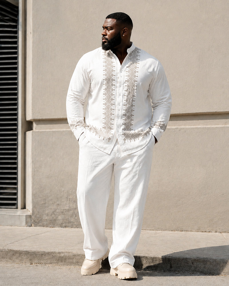 Big & Tall Men's Ethnic Geometric Printed Collar Long Sleeve Shirt Pants Set