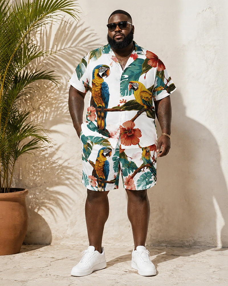 Big & Tall Men's Tropical Parrot Green Plant Printed Short Sleeve Shirt And Shorts Set