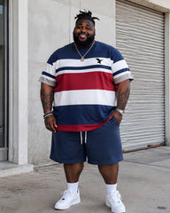 Big & Tall Men's Color Contrast Striped Flying Eagle Printed Crewneck Short Sleeve T-Shirt Shorts Set