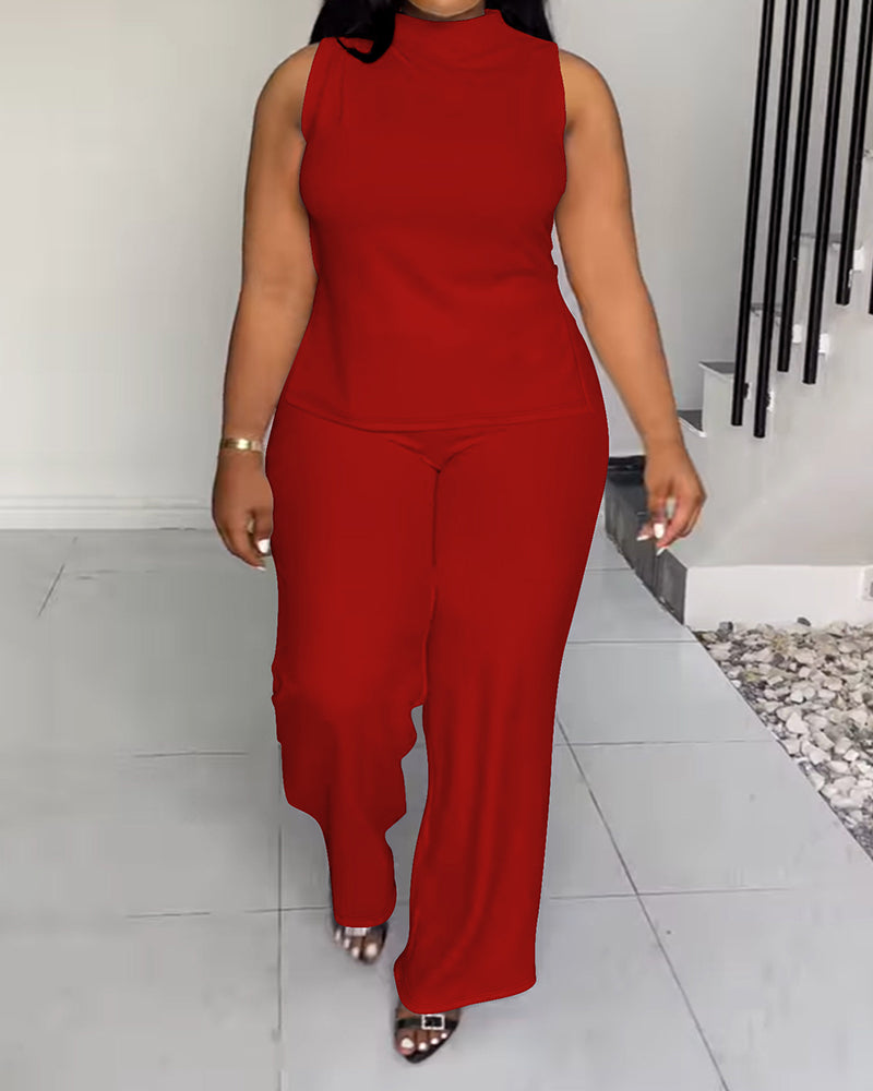 XL-4XL Women's Solid Color Casual Sleeveless Pants Set
