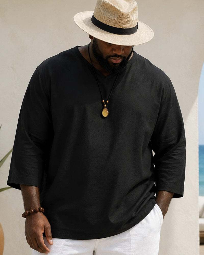 M-4XL Men's Long Sleeve V-Neck Cotton Linen Loose Shirt